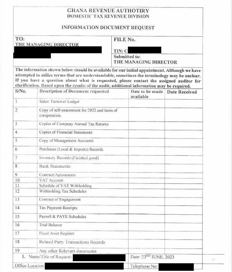 A GRA information document request dated 23 June 2023, with identifying details removed. It lists nineteen items: sales or turnover ledger, the 2022 self-assessment and basis of computation, annual tax returns, financial statements, management accounts, local and import purchase records, inventory records, bank statements, contracts and agreements, VAT account, schedule of VAT withholding, withholding tax schedules, contract of engagement, tax payment receipts, payroll and PAYE schedules, trial balance, fixed asset register, related-party transaction records, and any other relevant documents. Columns record the date each item will be made available and the date GRA received it.