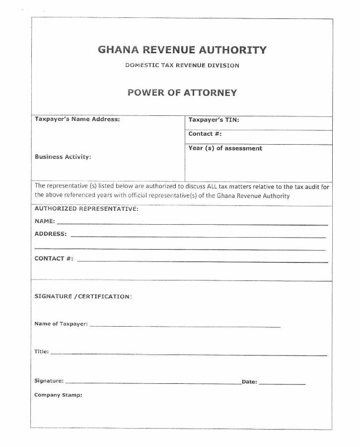 A blank GRA power of attorney form. It records the taxpayer's name, address, TIN, contact number, business activity and years of assessment, names the authorised representative with address and contact number, and is signed by the taxpayer with title, date and company stamp. It authorises the representative to discuss all tax matters relating to the tax audit for those years with GRA.